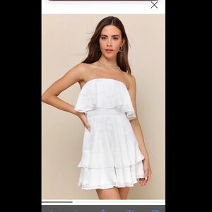 Lulus - True Lover White Burnout Floral Ruffled Strapless Mini Dress